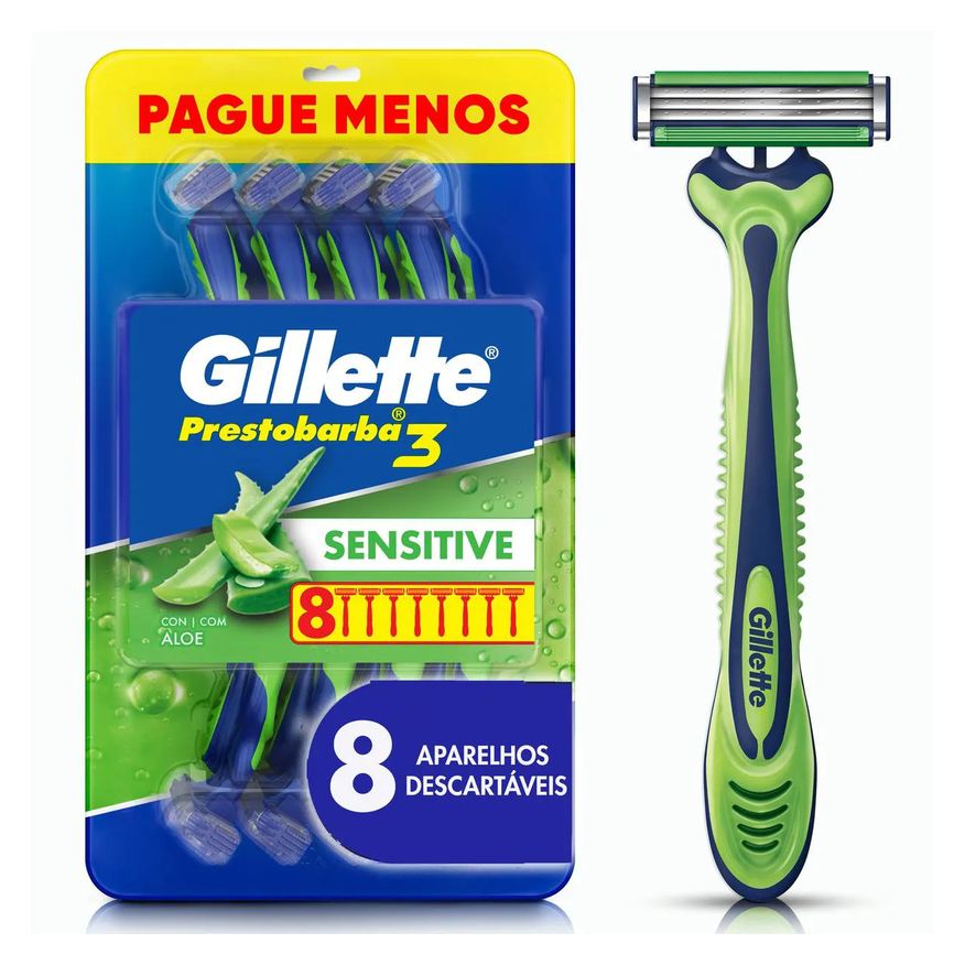Gillette Aparelho de Barbear Prestobarba 3 Sensitive Aloe Vera 8 unidades