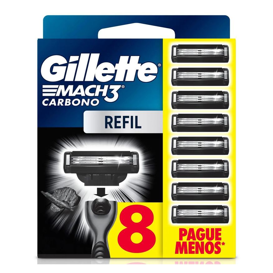 Gillette Carga para Aparelho de Barbear Descartável Mach3 Carbono Carvão Ativado 8 unidades