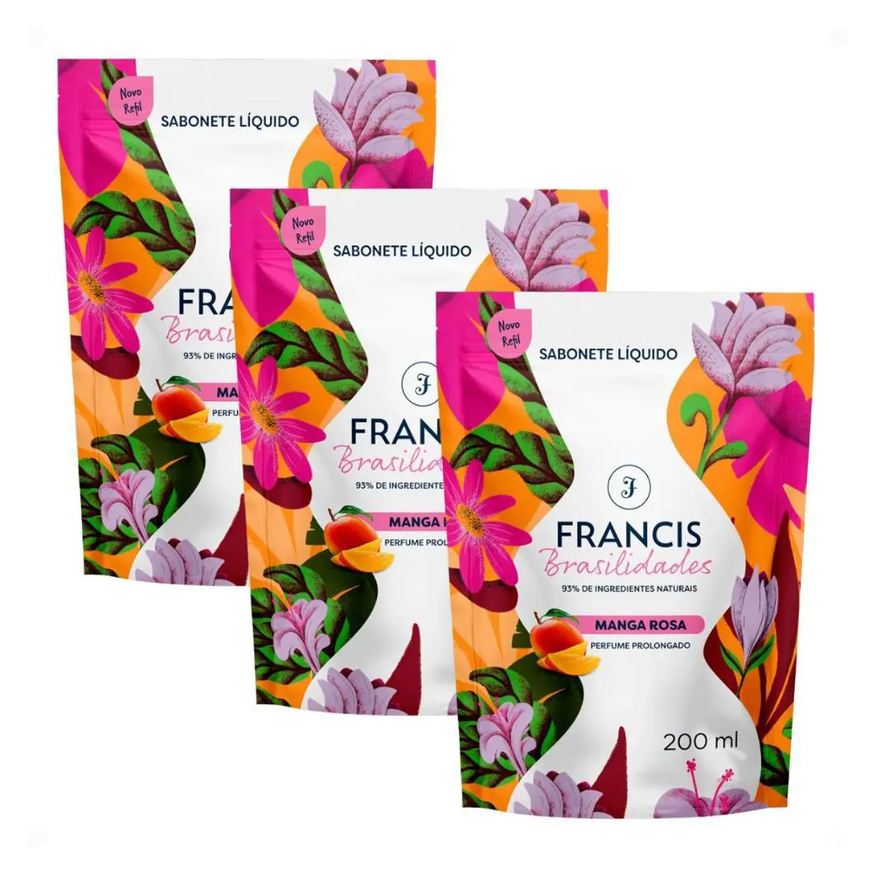 Francis Kit Refil Sabonete Líquido Corpo e Mãos Manga Rosa 200ml com 3