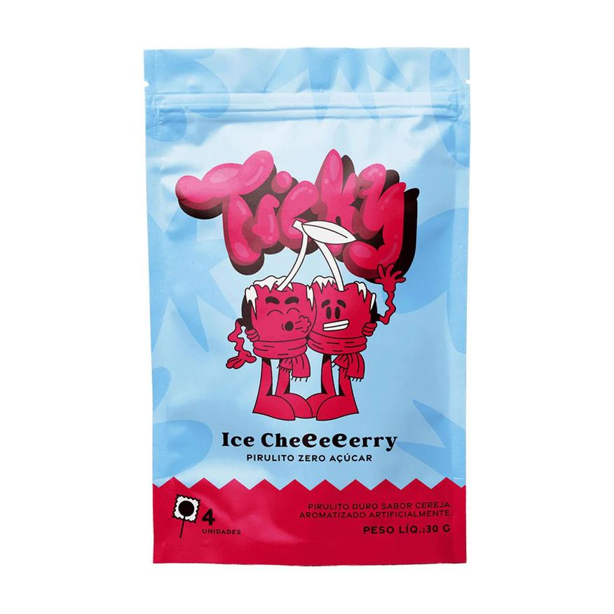 Ticky Pirulito Zero Açucar Ice Cherry Pouch 4 unidades