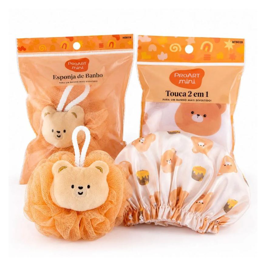 Proart Kit Mini Urso: Touca de Banho 2 em 1 e Esponja de Banho