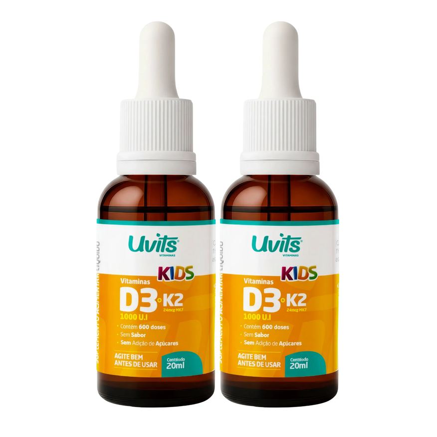 Uvits Kit Vitamina Kids D3 2000UI E K2 24Mcg Com 2 Unidades em Gotas 20ml 1200 Doses