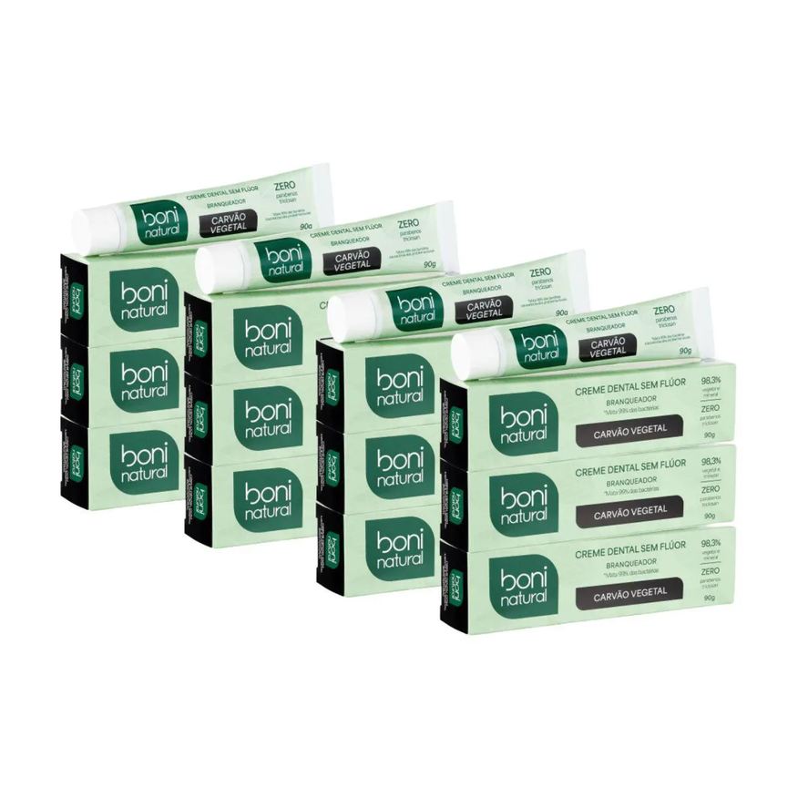 Boni Natural Kit 12 Creme Dental Menta e Carvão Vegetal 90g