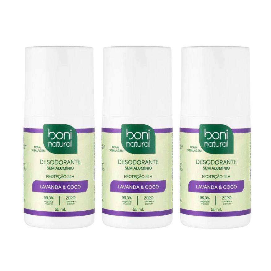 Boni Natural Kit 3 Desodorante Roll-On Coco e Lavanda 55ml