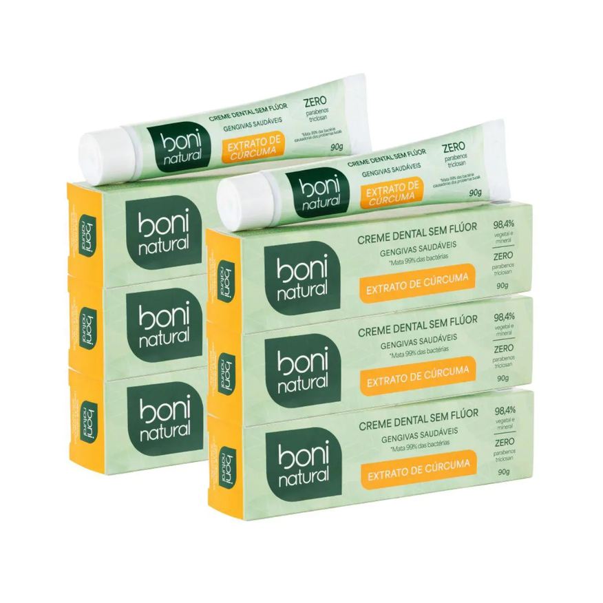 Boni Natural Kit 6 Creme Dental Hortela e Curcuma 90g