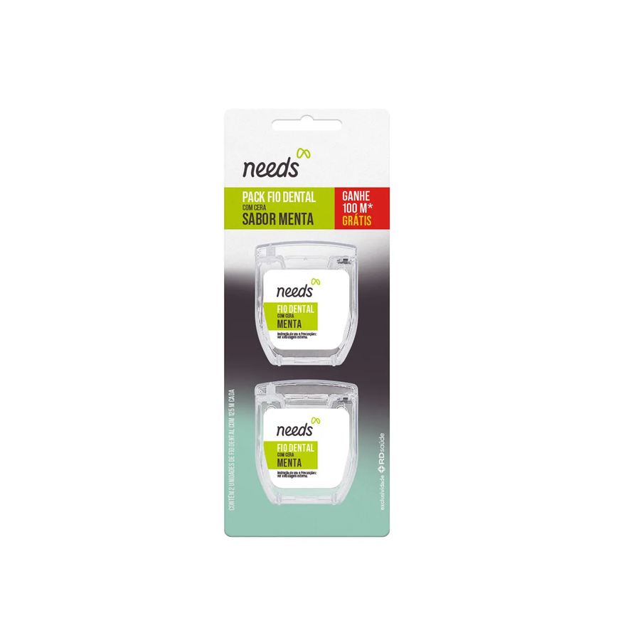 Needs Pack Fio Dental com Cera Sabor Menta 125m cada Leve 100m Grátis 2 unidades