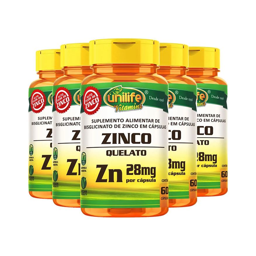 Unilife Kit 5 Zinco Quelato 28mg 60 Cápsulas