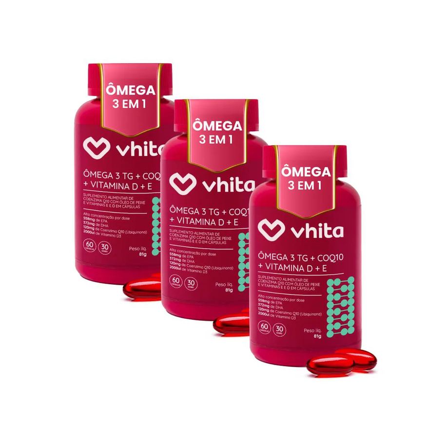 Vhita Ômega 3 Vitamina D Coenzima Q10 - Ômega 3 em 1 - 3 Potes
