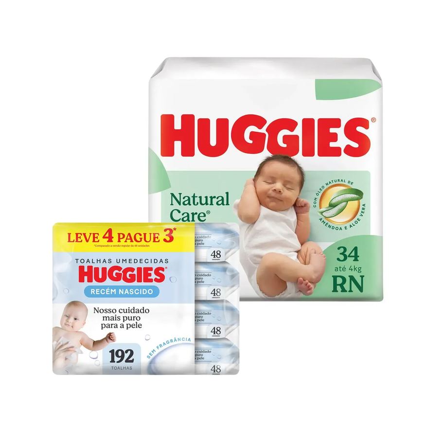 Huggies Kit Disney Baby Lenço Umedecido Recém Nascido Hipoalergênico Sem Fragrância 4 pacotes com 48 unidades cada + Fralda Natural Care Premium RN