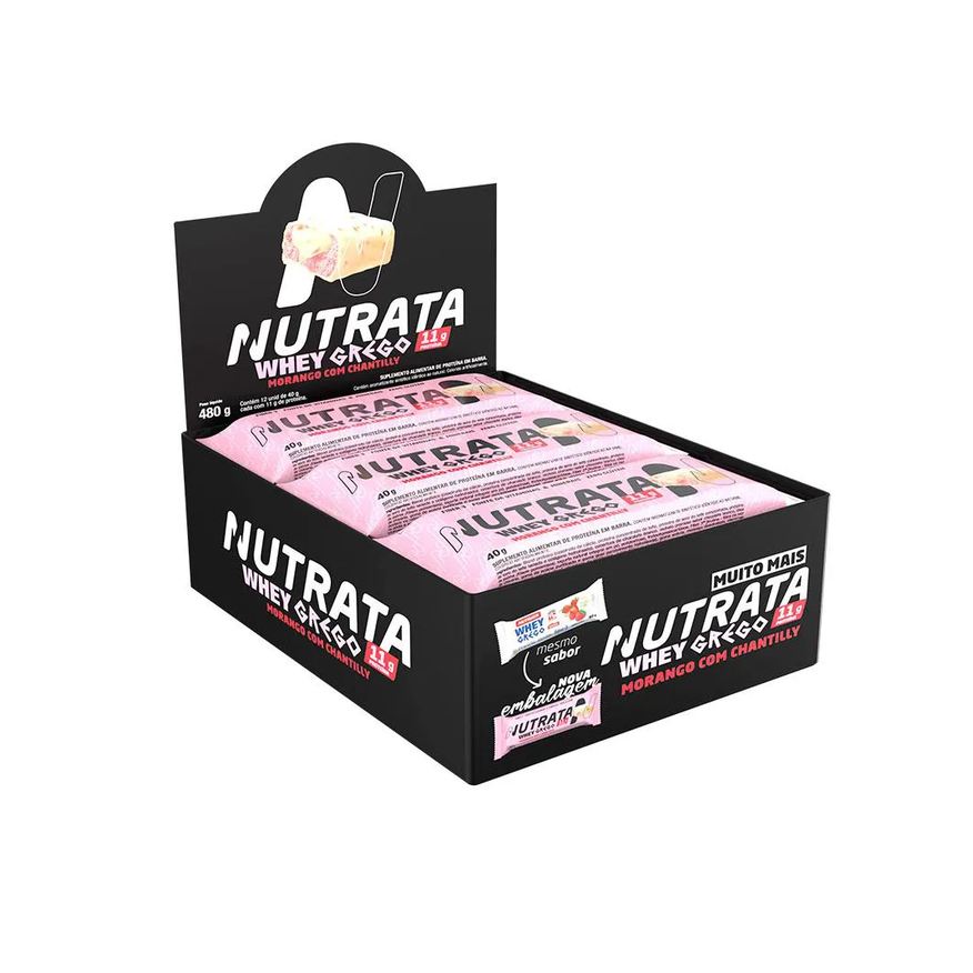 Nutrata Whey Grego Bar Protein Display 12 Unidades - Morango com Chantily