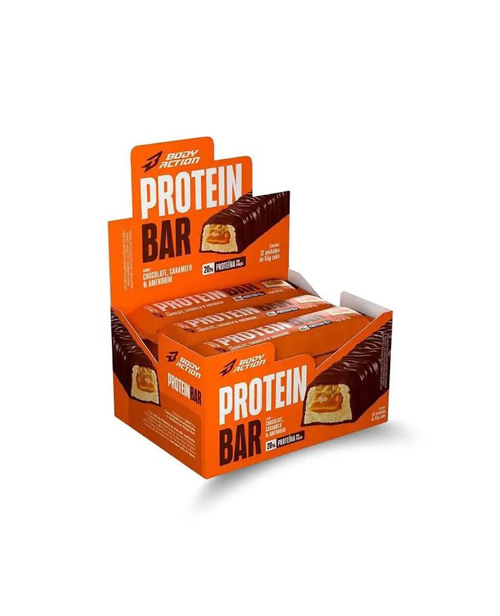 Body Action Barra de Proteína Display com 12 Unidades Sabor Caramelo com Amendoim e Chocolate com 55g Cada Bodyaction