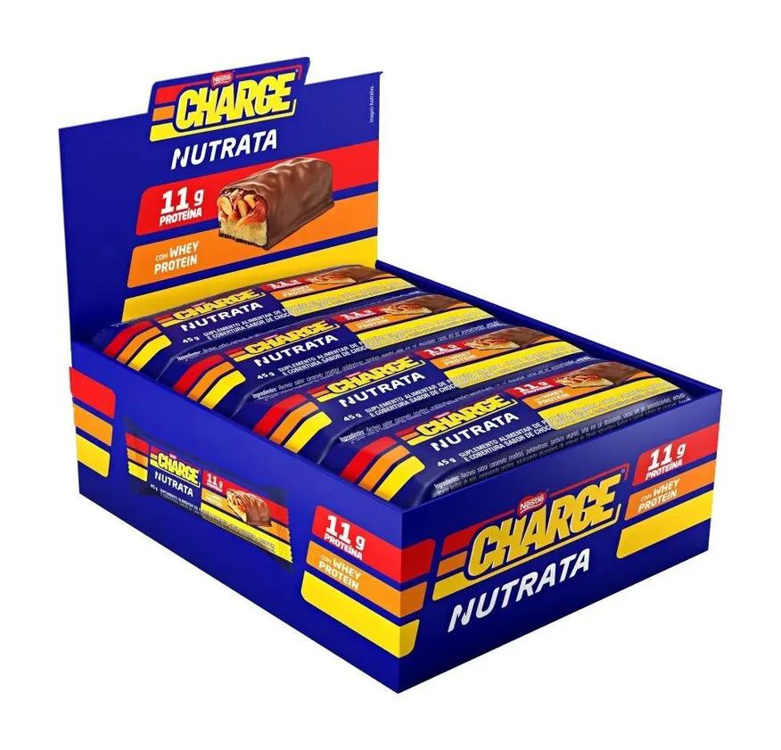 Nutrata Barra Proteica Charge Bar Caixa com 12 Unidades (540g) - Sabor: Caramelo, Amendoim e Chocolate ao Leite