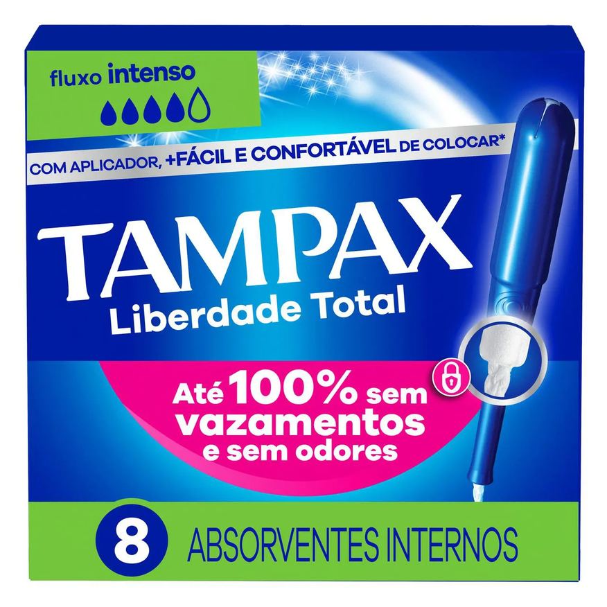 Tampax Absorvente Interno Liberdade Total para Fluxo Intenso Com Aplicador 8 unidades