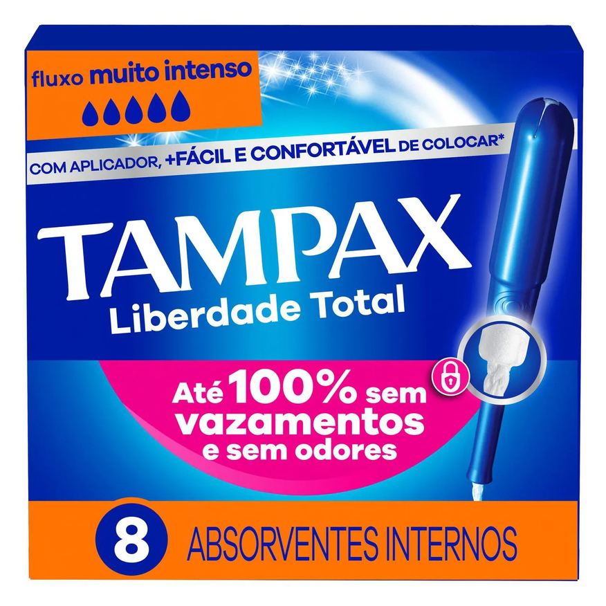 Tampax Absorvente Interno Liberdade Total para Fluxo Muito Intenso Com Aplicador 8 Unidades