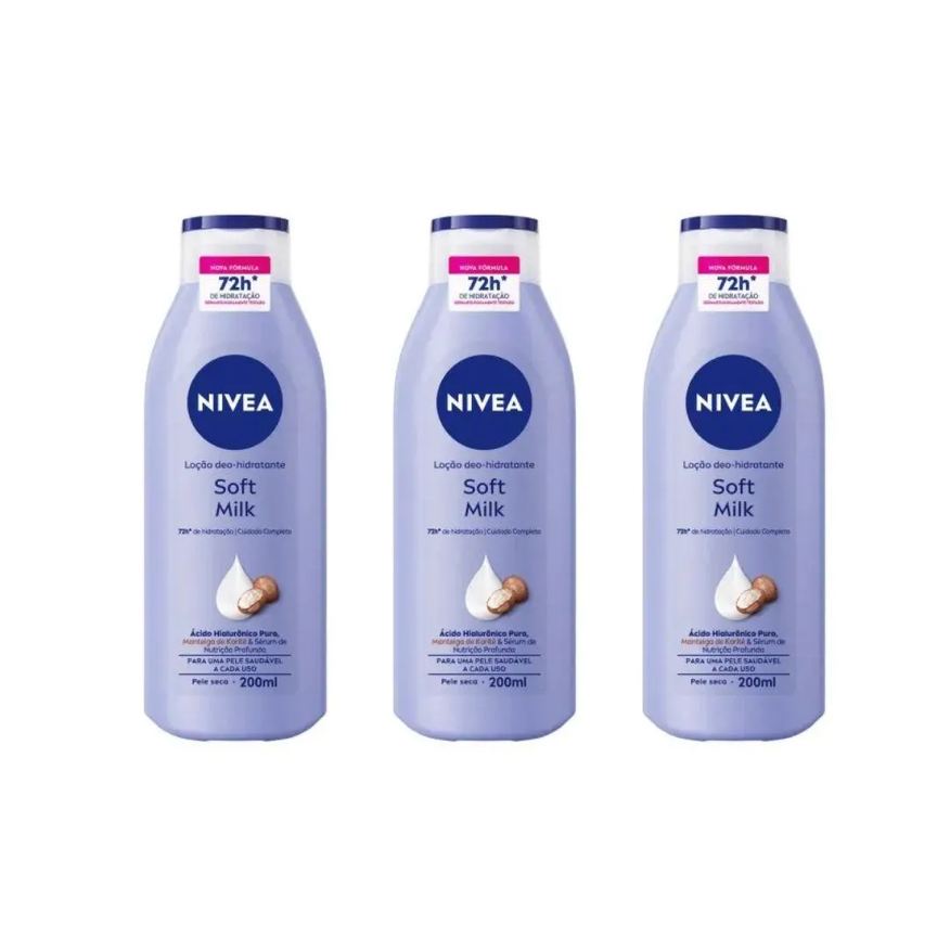 Nivea Hidratante Corporal 200ml Soft Milk Pele Seca - Kit3Un