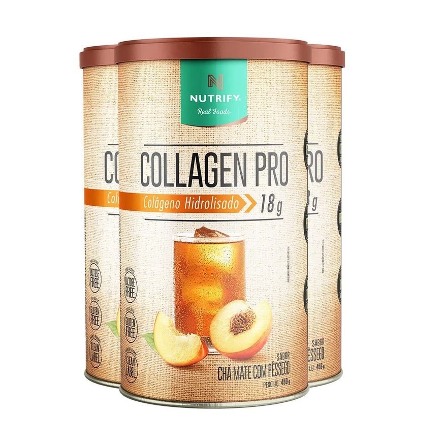 Nutrify Kit 3 Collagen Pro Colágeno Hidrolisado Chá Mate com Pessêgo 450g