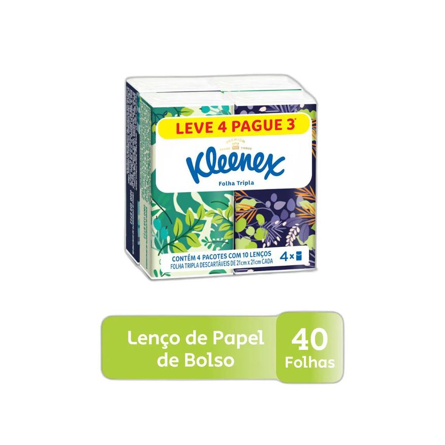 Lenços Kit de Papel de Bolso Kleenex Dia a Dia Folha Tripla com 4 pacotes de 10 folhas cada
