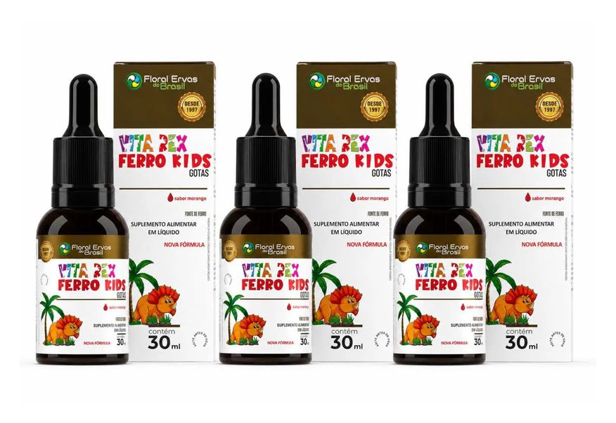 Floral Ervas do Brasil Kit 3x Vitamina em Gotas Vita Rex Ferro Kids Sabor Morango 30ml - Floral Ervas