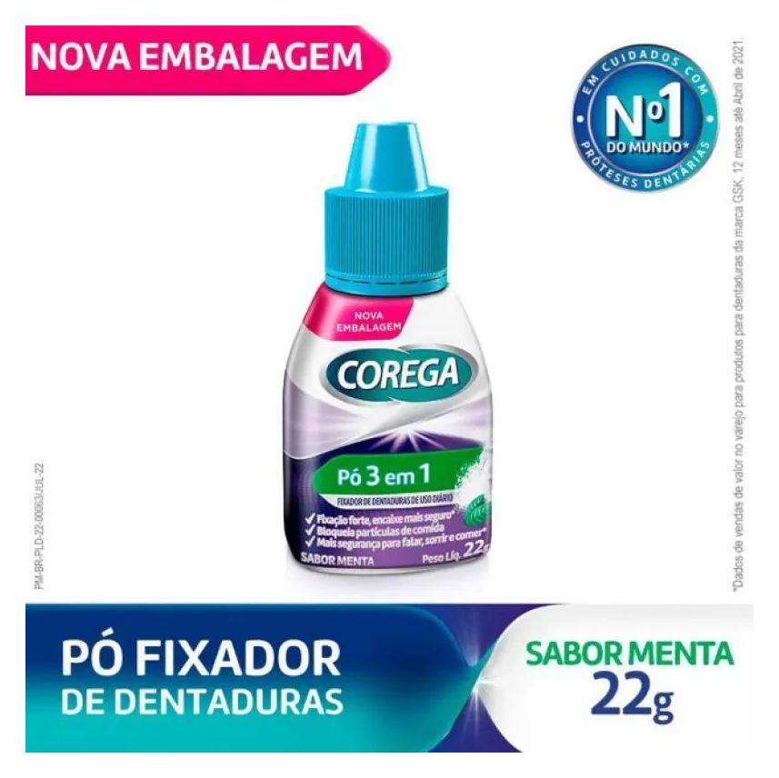Pó Corega Fixador de Dentadura 3 em 1 Menta 22g