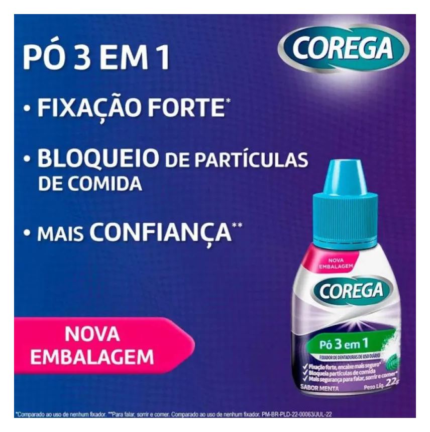 Pó Corega Fixador de Dentadura 3 em 1 Menta 22g
