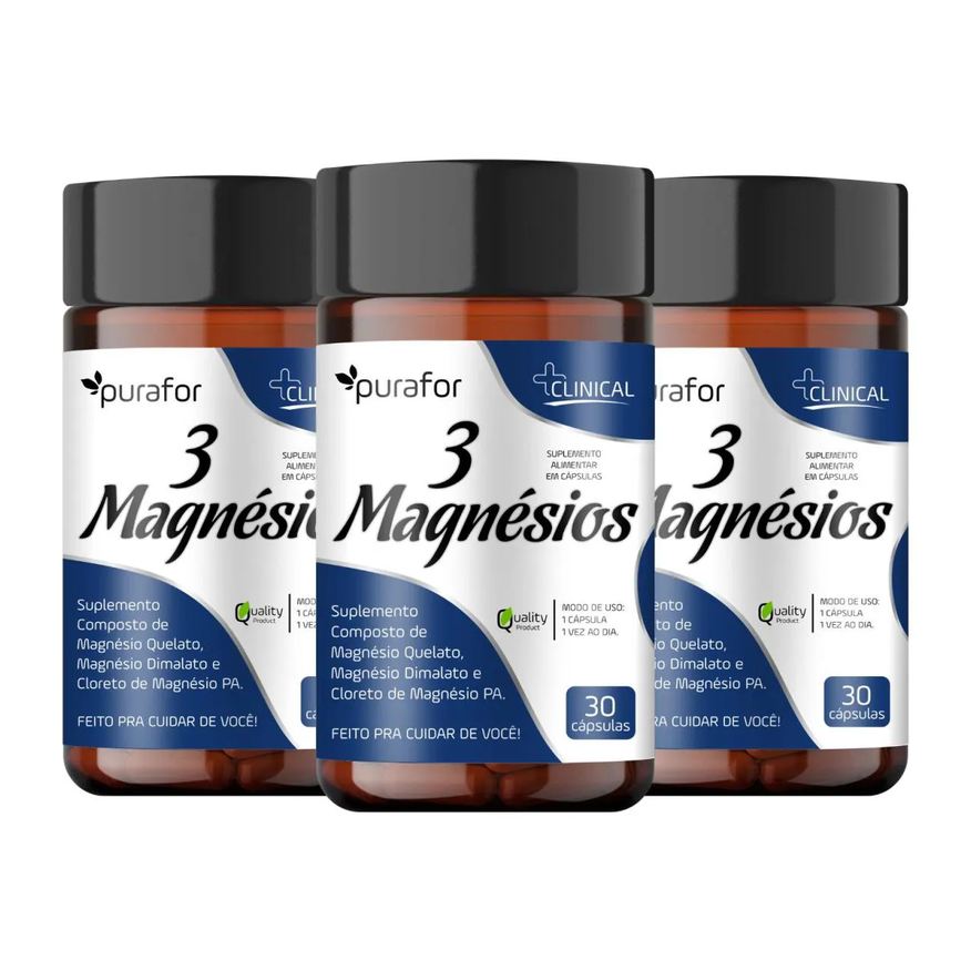 Purafor Kit 3x Suplemento 3 Magnésios Quelato Dimalato Cloreto 30 Cápsulas Clinical 420mg