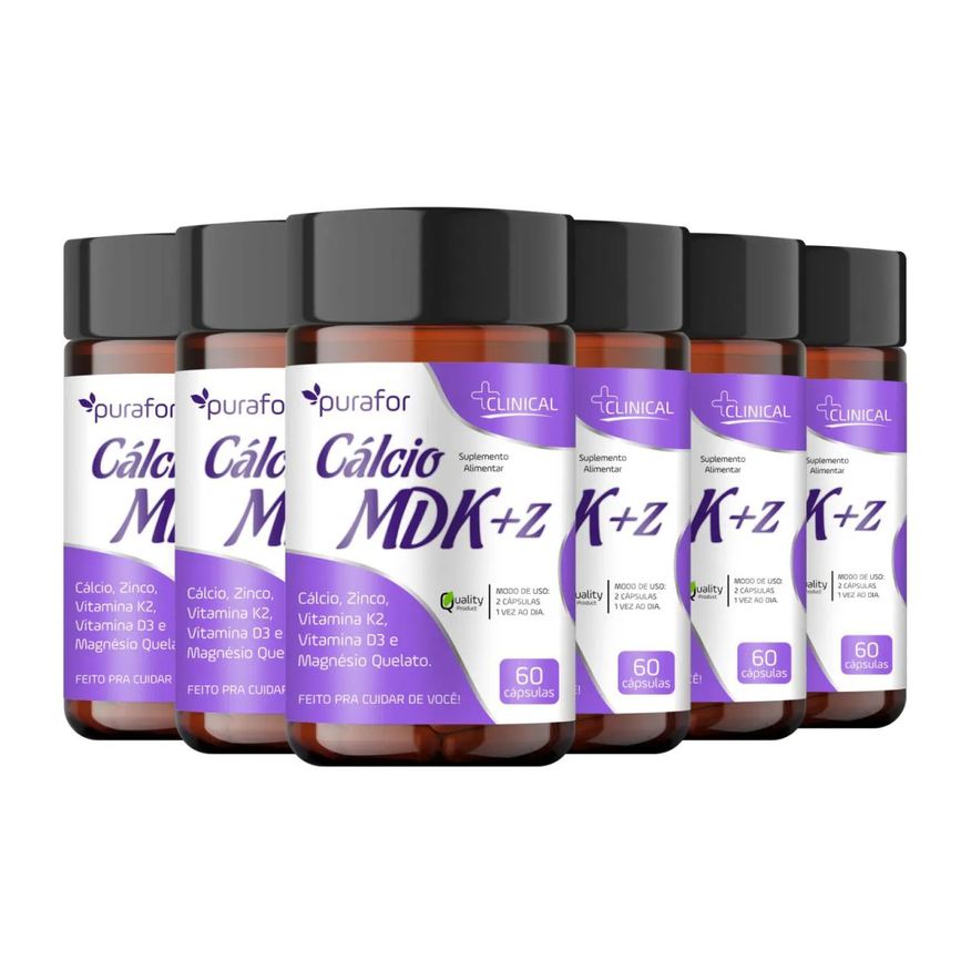 Purafor Kit 6x Cálcio Mdk com Zinco e Magnésio Quelato 60 Cápsulas
