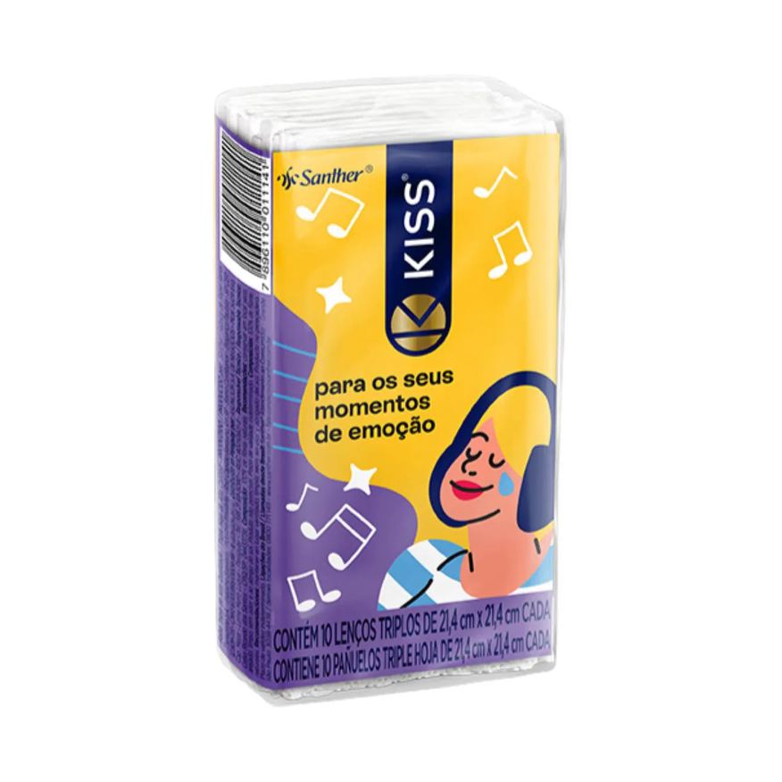 de Lenço Papel Kiss Folha Tripla com 10 Unidades