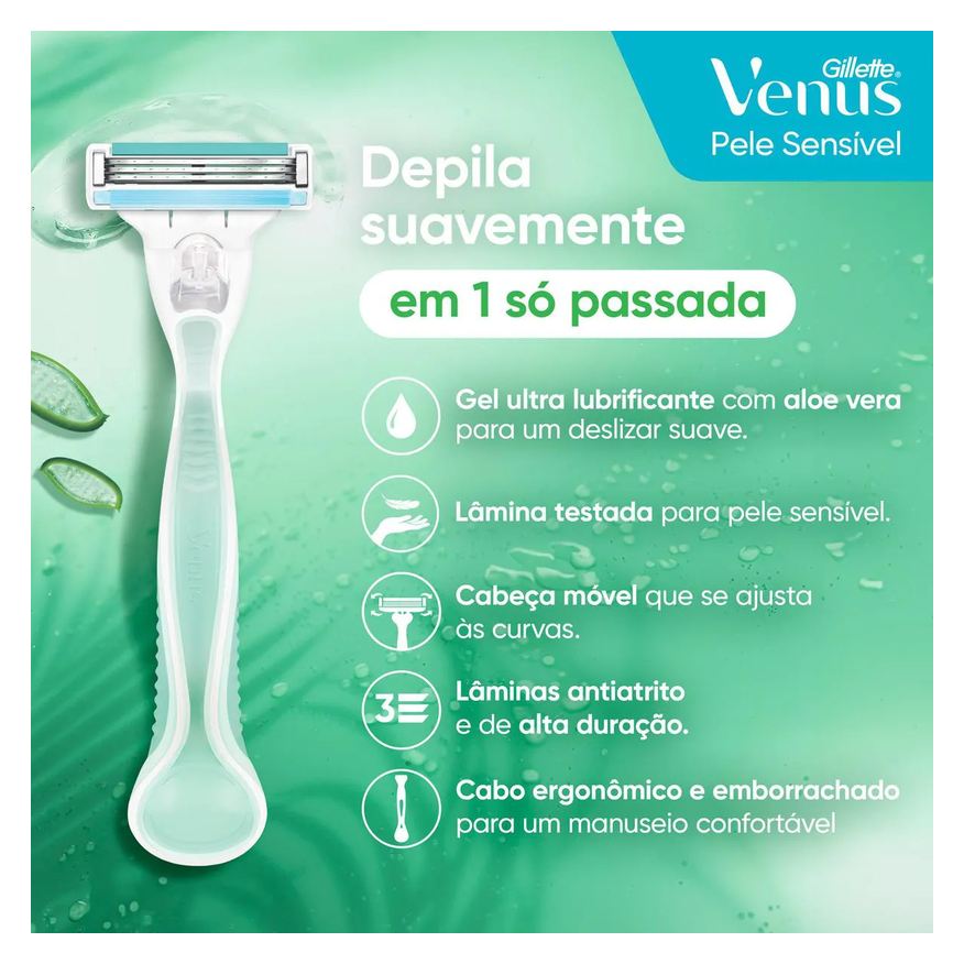 Gillette Kit Aparelho de Depilar Vênus Pele Sensível com Aloe e Vera 1 unidade + Carga 3 Unidades