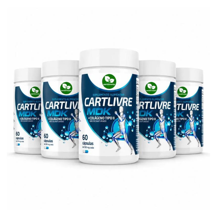 Mais Bem Estar Kit 5 CartLivre Ultra MDK 300 Cápsulas Colágeno Tipo II + Magnésio + Vitaminas D3 K2