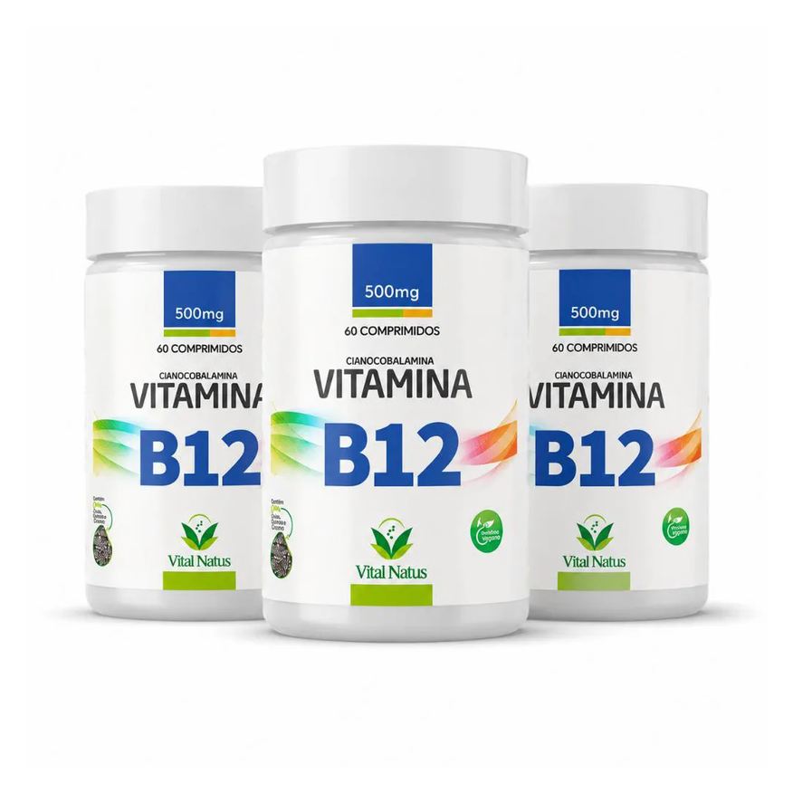 Vital Natus Kit 3 Frascos Vitamina B12 500mg Cianocobalamina 180 Comprimidos Suplemento Vegano