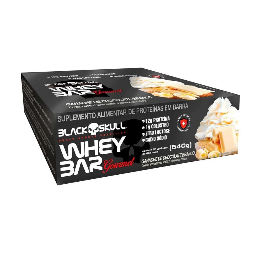 Black Skull Whey Bar Gourmet – 12 Unidades 45g Chocolate Branco