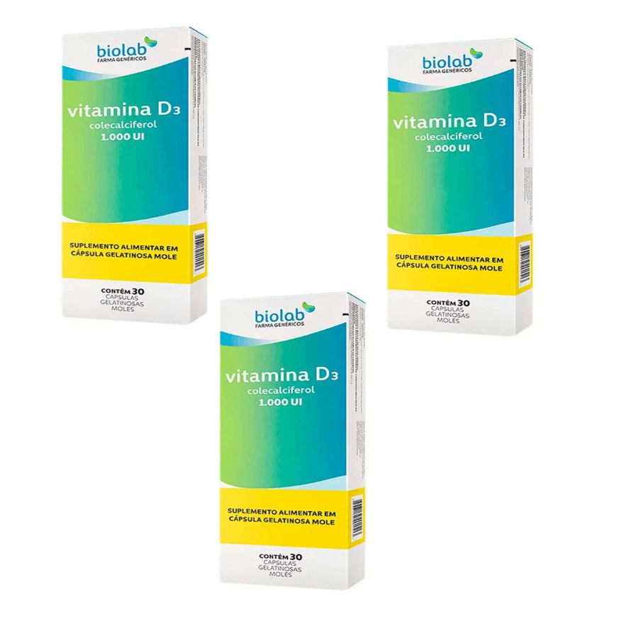 03 Kit Vitamina D3 1.000ui Colecalciferol 30 Cápsulas – Biolab