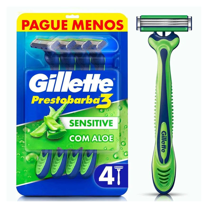 Gillette Aparelho de Barbear Prestobarba 3 Sensitive Aloe Vera 4 unidades