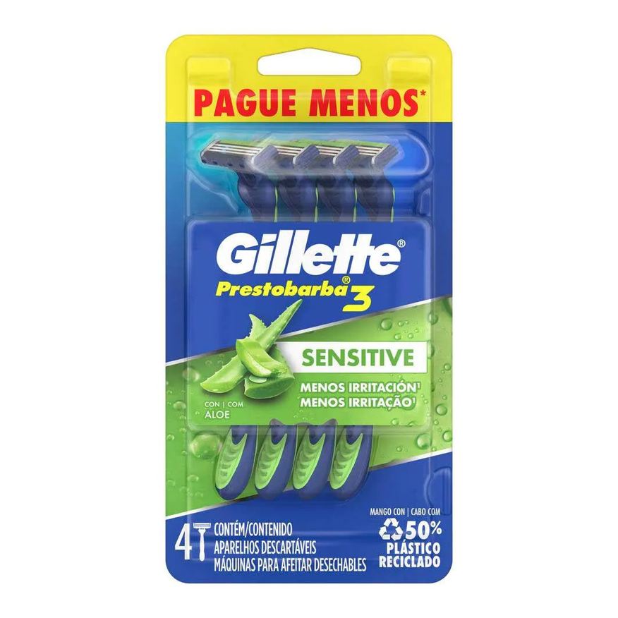 Gillette Aparelho de Barbear Prestobarba 3 Sensitive Aloe Vera 4 unidades