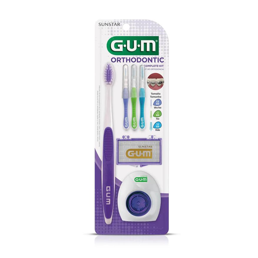 G.U.M Kit Orthodontic Escova de dente + 3 Escovas Interdentais + 5 Bastões de Cera + 5 Fios Dentais