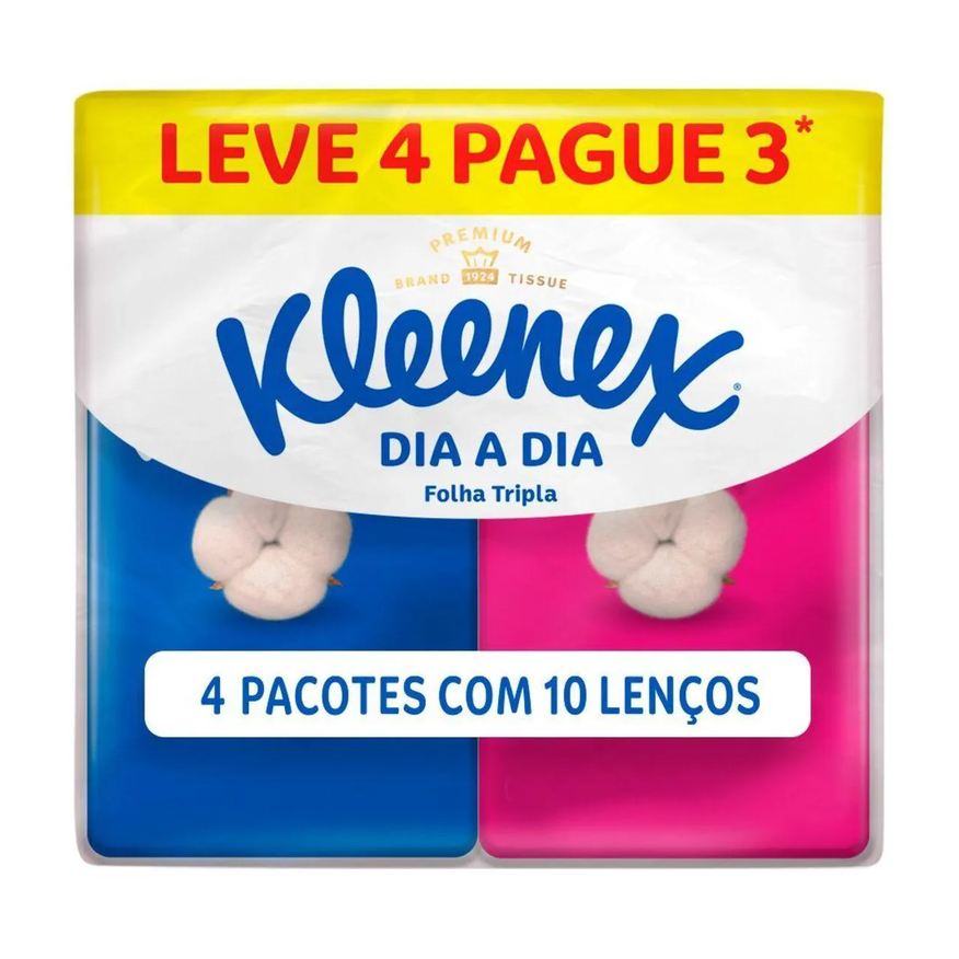Lenços Kit de Papel de Bolso Kleenex Dia a Dia Folha Tripla com 4 pacotes de 10 folhas cada