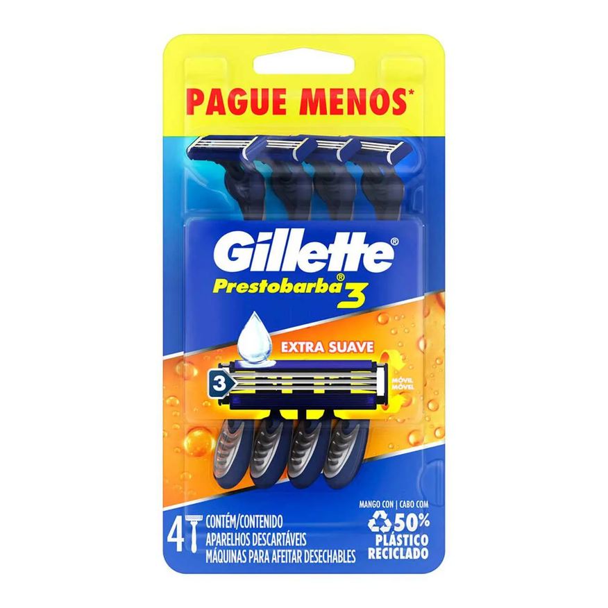 Gillette Aparelho de Barbear Descartável Prestobarba 3 com 4 unidades