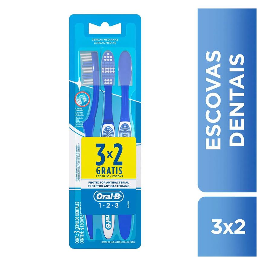 Oral-B Escova de Dente 123 Limpeza Brilhante Média 3 unidades