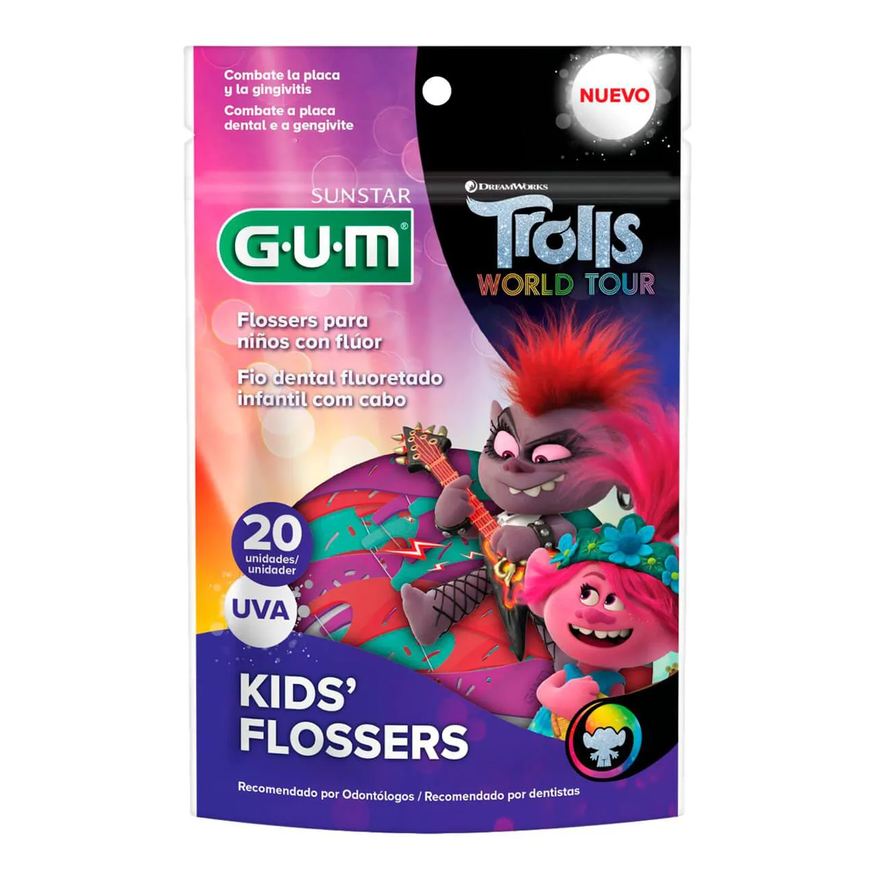 Infantil Flosser para Limpeza dos Dentes G.U.M Trolls Sabor Uva com 20 unidades