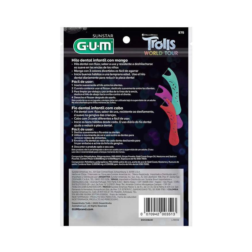 Infantil Flosser para Limpeza dos Dentes G.U.M Trolls Sabor Uva com 20 unidades