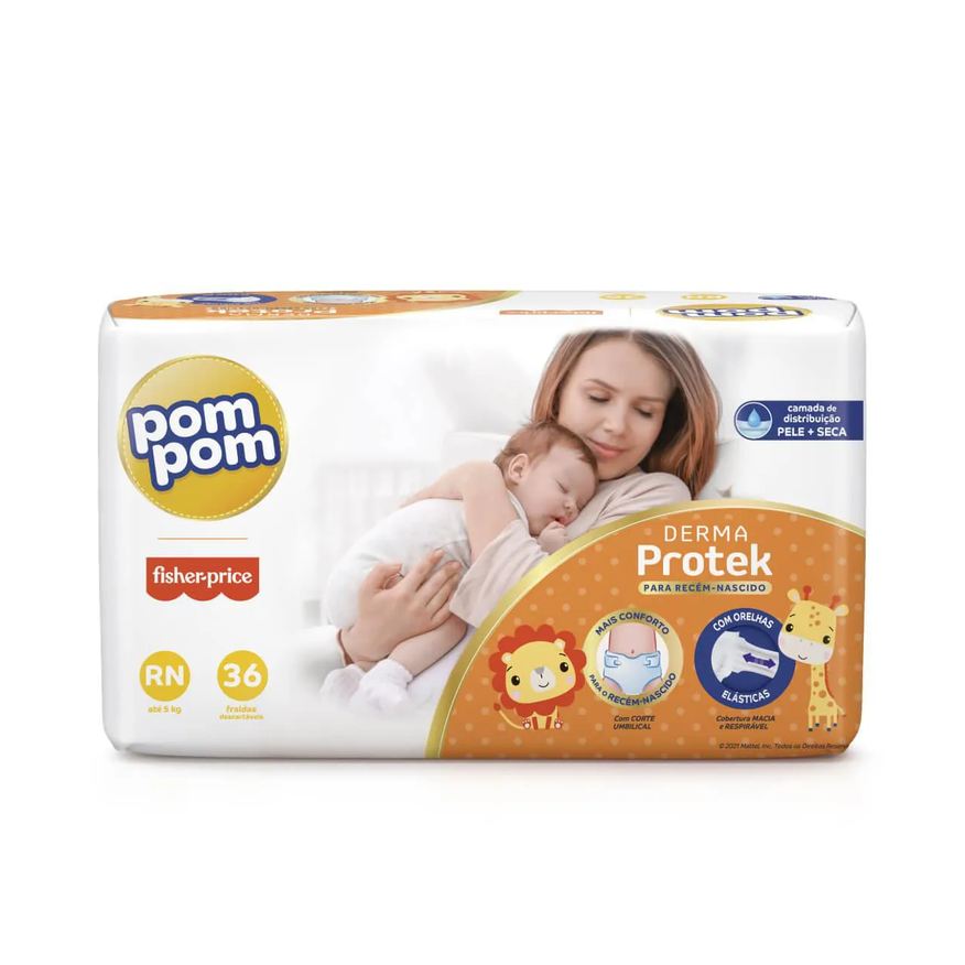 Pom Pom Fralda Fisher-Price Derma Protek com Corte Umbilical Orelhas Elásticas até 5kg RN 36 unidades