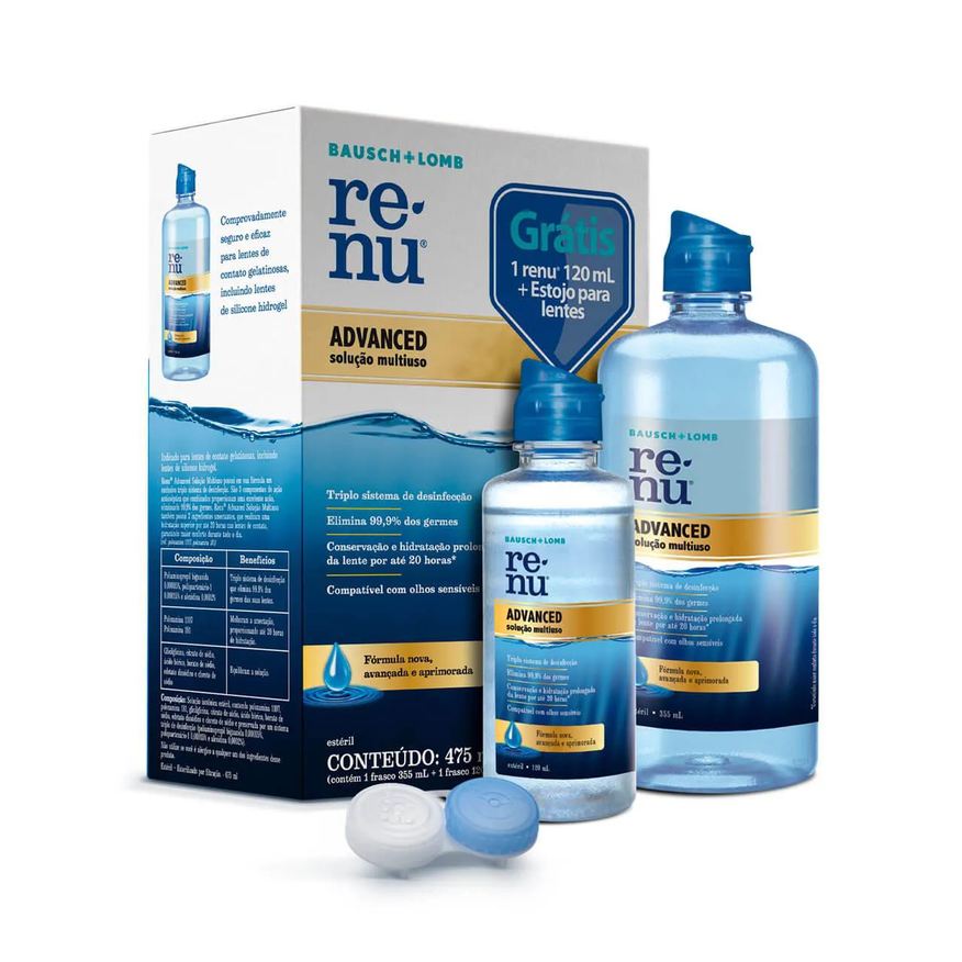 Renu Kit para Limpeza de Lente de Contato Advanced com 335ml + 120ml + Estojo para Lente de Contato