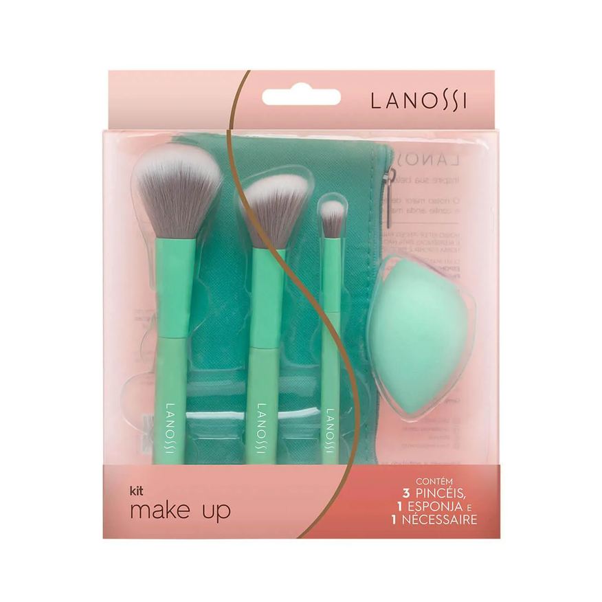 com Kit 3 Pinceis de Maquiagem Lanossi e 1 Esponja + 1 Necessaire Mint Green