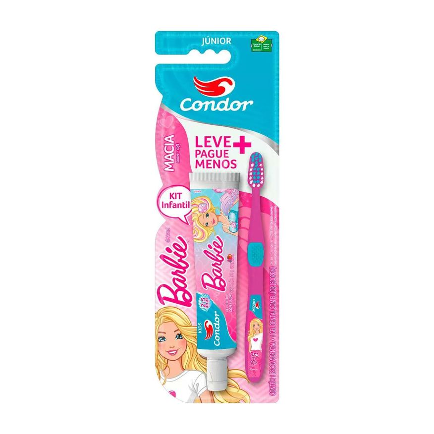 Condor Kit Gel Dental Infantil com 50g + Escova de Dente Júnior Barbie Macia