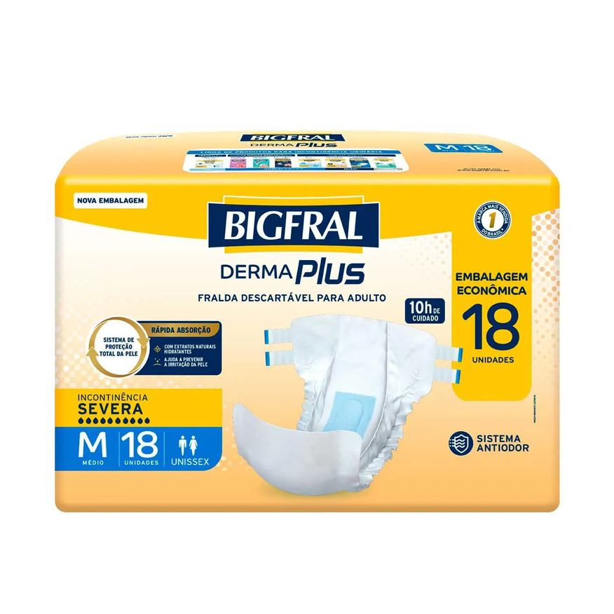 Bigfral Fralda Geriátrica Unissex Derma Plus M Absorção Intensa 18 unidades