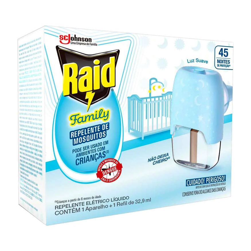Repelente Kit Elétrico Raid Family 45 Noites Aparelho + Refil com 32,9ml