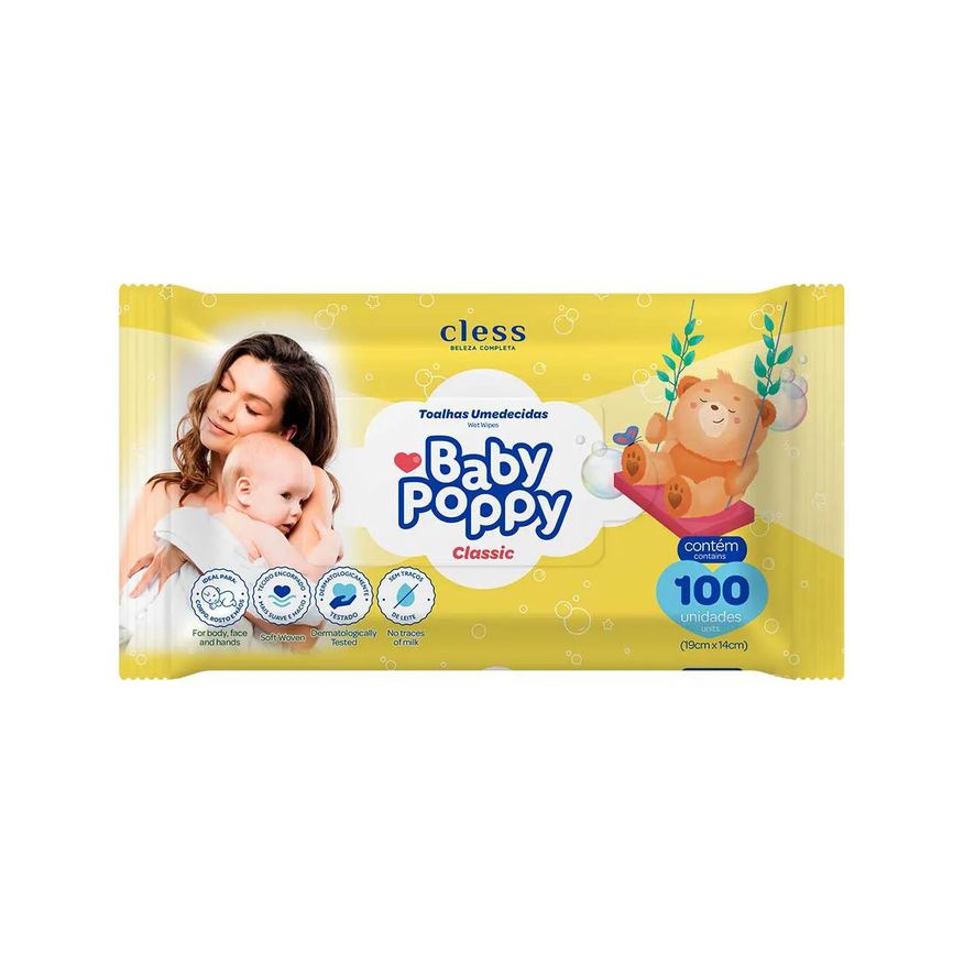 Baby Poppy Lenço Umedecido Classic Suave e Macio Sem Traços de Leite 100 unidades