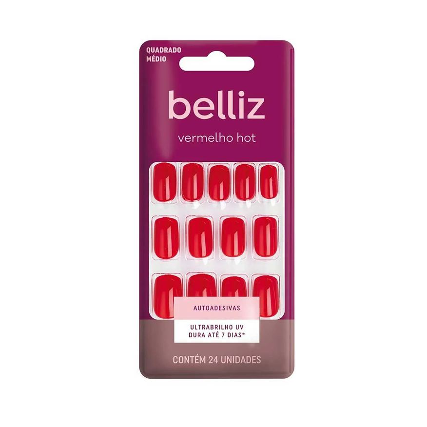 Postiças Unhas Autoadesivas Belliz Vermelho Hot 24 Unidades