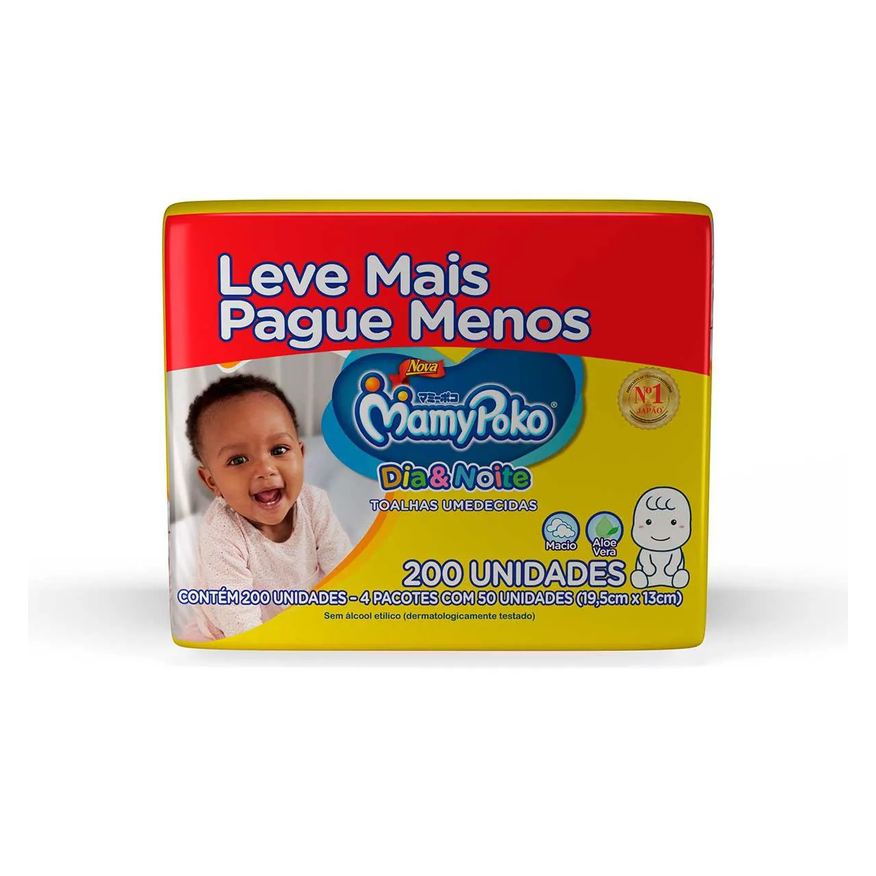 Mamypoko Lenço Umedecido Dia&Noite Aloe Vera Macio Sem Álcool 200 unidades