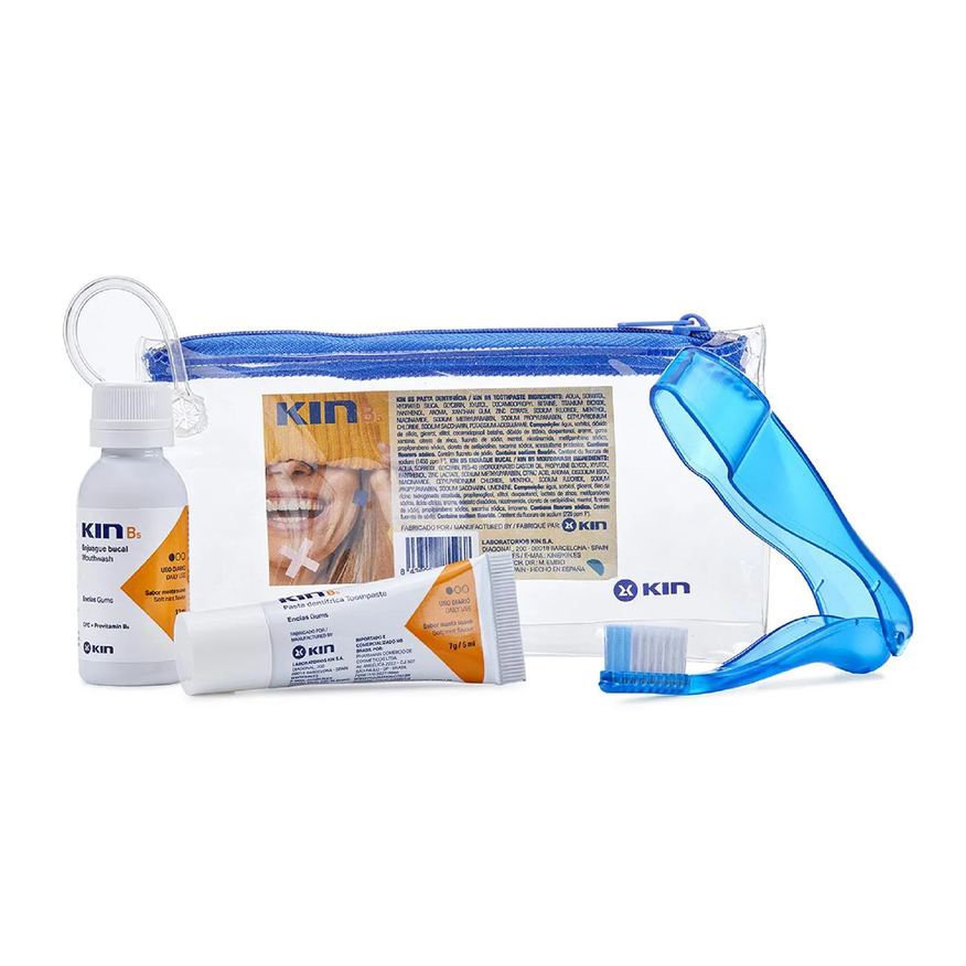 Viagem Kit Kin B5 Enxaguante Bucal 12ml + Pasta de Dente 7g + Escova de Dente + Necessaire